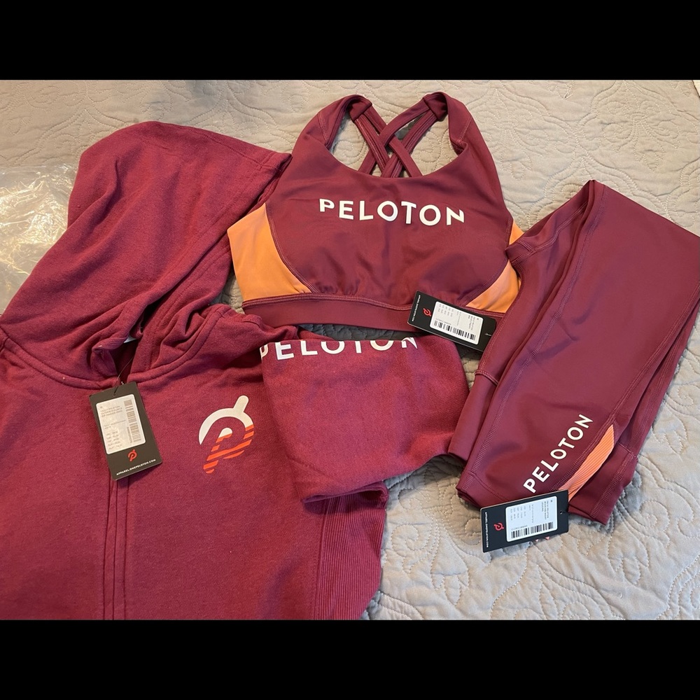Peloton Hoodie, sports bra, and leggings. All size medium